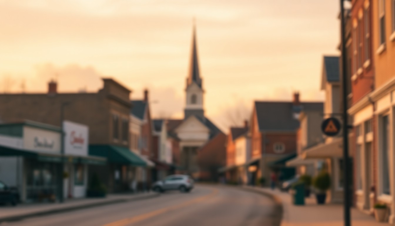 An extremely abstracted, out-of-focus photograph in soft, warm tones depicting the hazy silhouette of a small-town church steeple, conceptually representing the nostalgic community spirit that defined Roger Heberer's life.