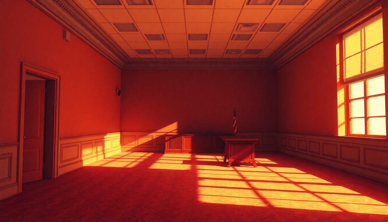 A dimly lit, cinematic government office space with a single desk and chair bathed in warm, diagonal sunlight, conveying a sense of fading political influence and oversight.