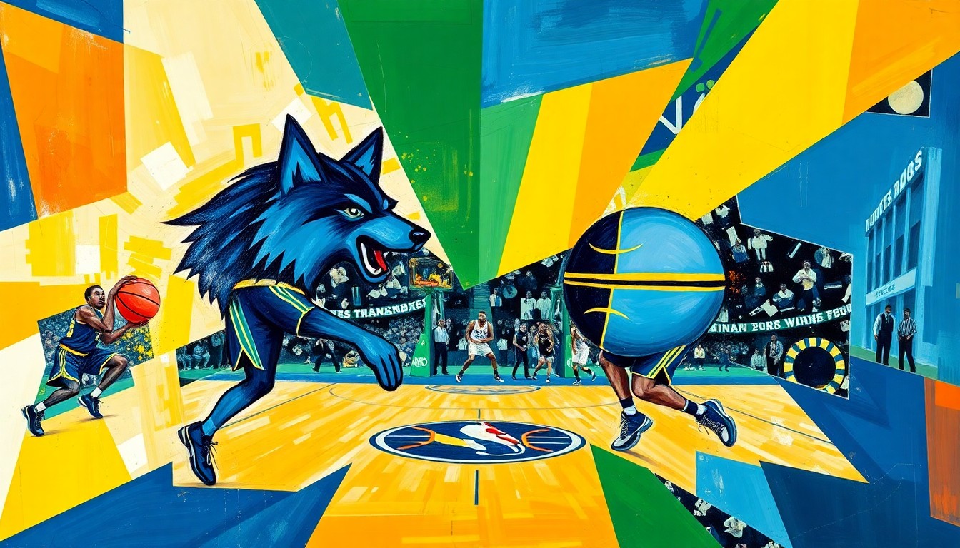 A fractured, multi-perspective painting in bold, overlapping geometric shapes and planes of blue, green, and gold, conceptually representing the competitive clash between the Minnesota Timberwolves and Indiana Pacers.