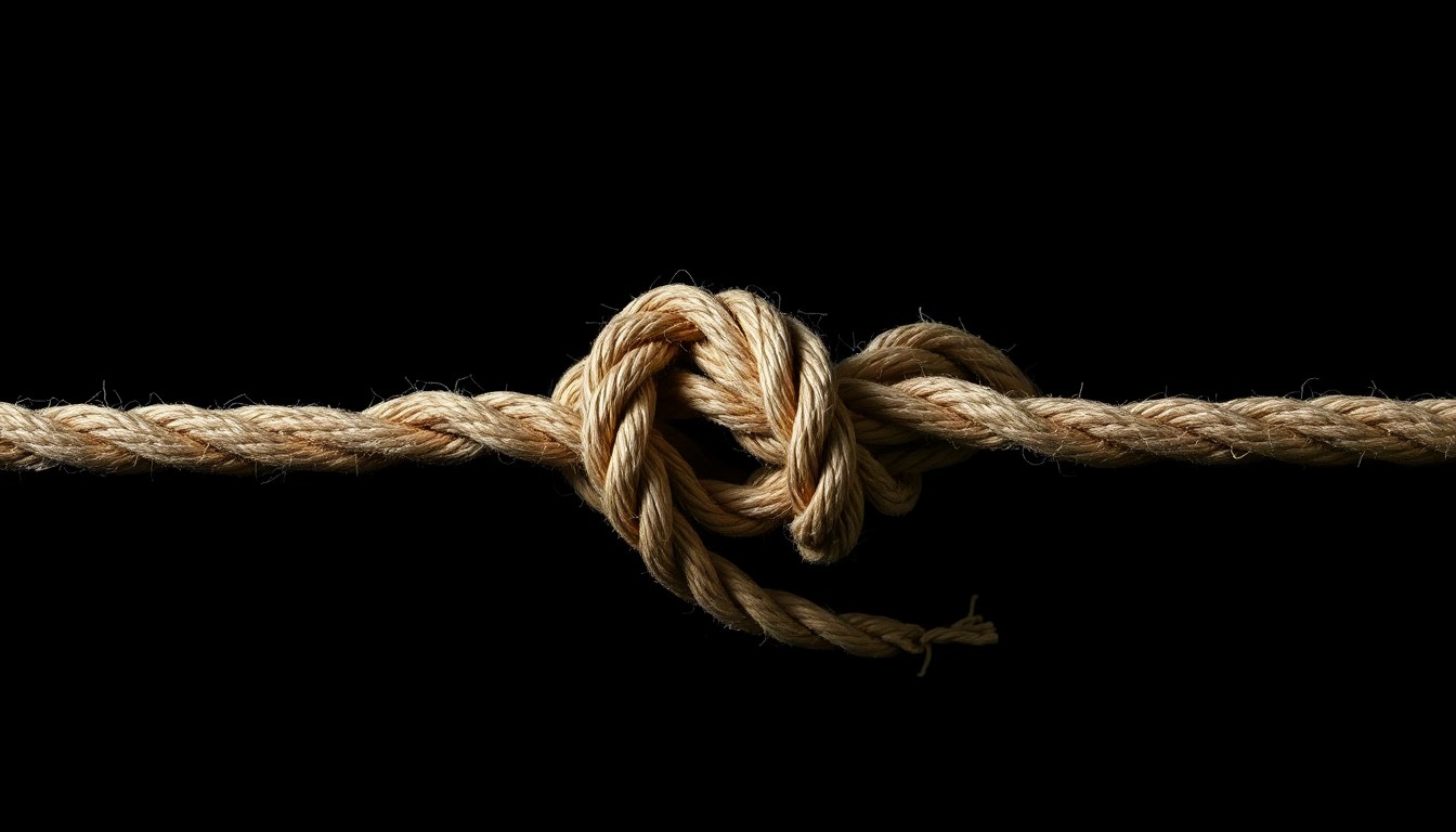 An extreme close-up of a knotted ligature against a stark black background, the harsh lighting creating dramatic shadows and textures that convey a sense of violence and brutality without depicting any actual crime scene.