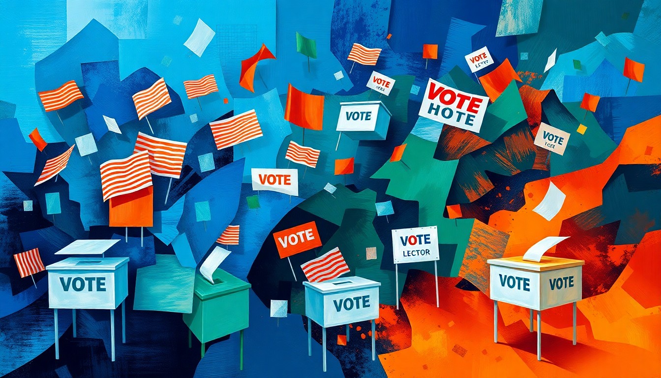 A vibrant, abstract painting featuring overlapping, fragmented shapes and lines in shades of blue, green, and orange, conveying the energy and dynamism of a heated political contest.