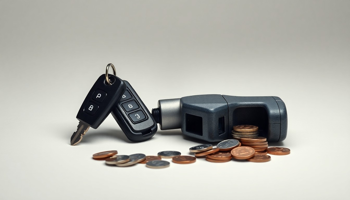 A minimalist studio still life photograph featuring a set of car keys, a parking meter, and a handful of coins arranged on a clean, monochromatic background, conceptually representing the tension between municipal parking policy and the needs of local businesses.