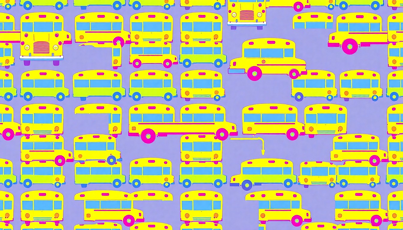 A repeating grid of stylized school bus icons in bright neon colors, conceptually representing the community's commitment to modernizing its educational facilities.