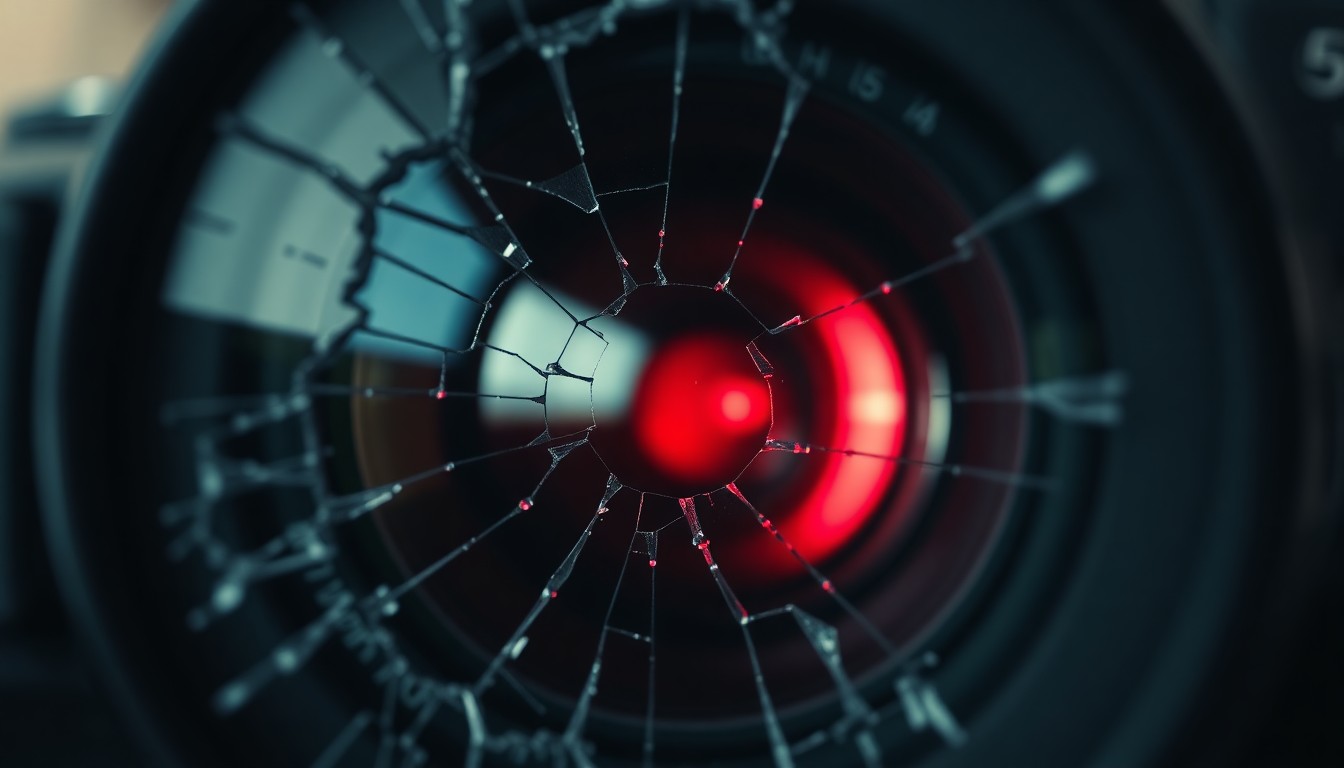 An extreme close-up photograph of a shattered camera lens, the glass cracked and reflecting a faint red light, conceptually illustrating the violence and danger faced by media crews reporting in high-crime areas.
