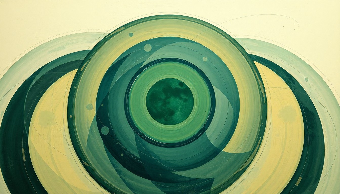 A highly structured abstract painting in soft, earthy tones of green, blue, and brown, featuring sweeping geometric arcs, concentric planetary circles, and precise botanical spirals, conceptually representing the complex forces and natural beauty behind the Artemis II moon mission.