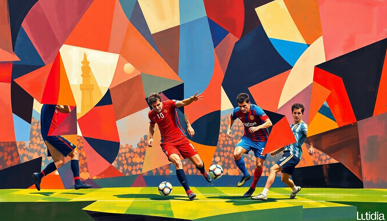 A cubist-style painting depicting a La Liga football match broken down into fragmented, overlapping geometric shapes in a palette of reds, oranges, and blues, conveying the dynamic action and tension of the game.