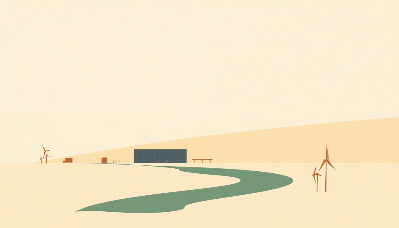 An abstract geometric illustration using simple shapes and muted earth-tone colors to conceptually represent the tension between a battery storage facility and its potential environmental impact on a regional watershed.