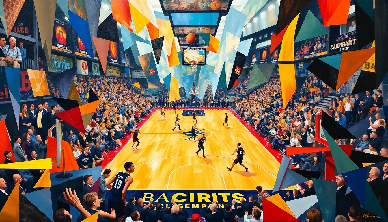 A cubist, geometric painting depicting the intense energy and action of a college basketball championship game, with the players and court broken down into abstract shapes and colors.