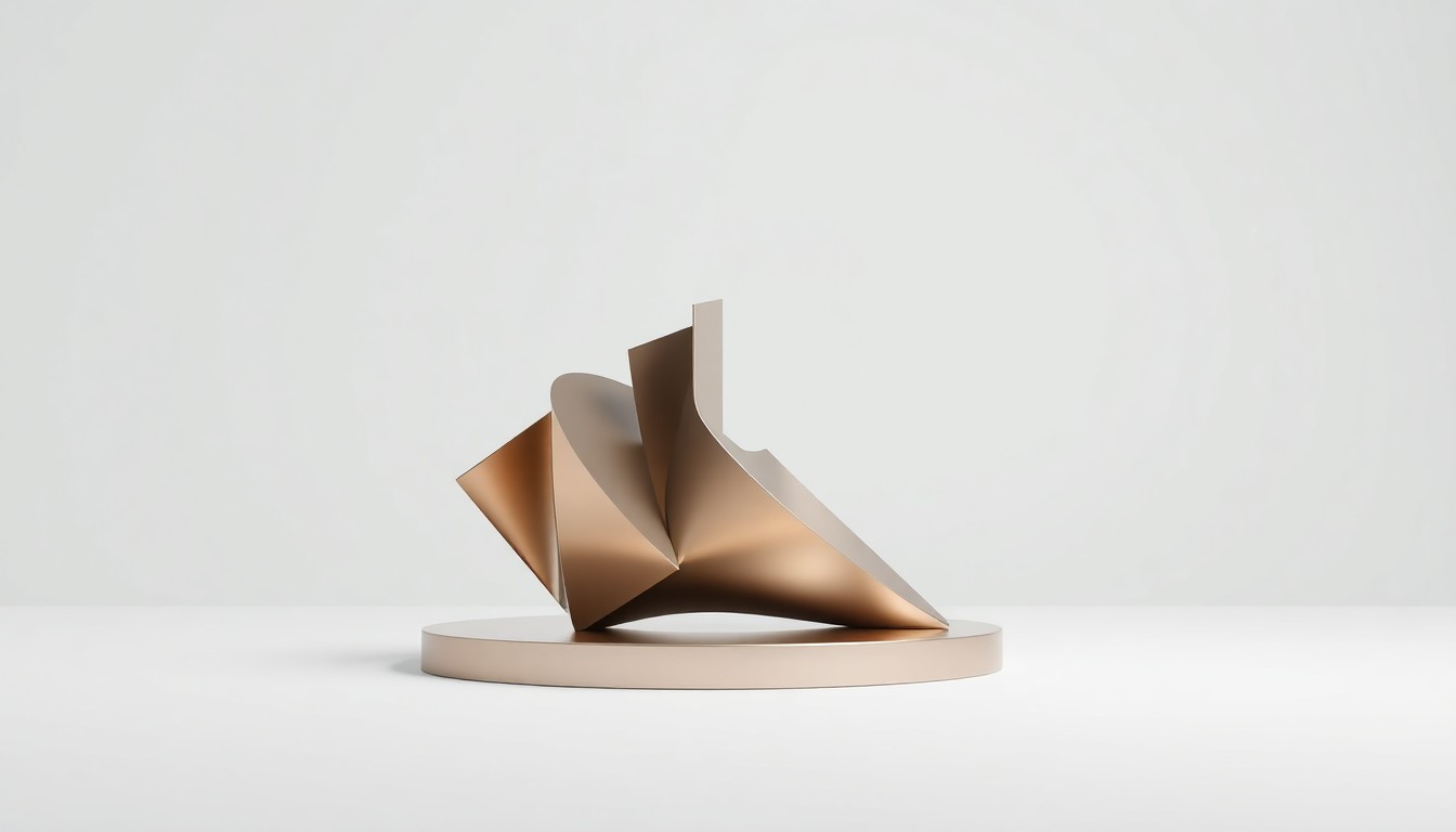 A highly polished, geometric metal sculpture in a neutral tone, floating elegantly on a clean, monochromatic background, representing the abstract concept of corporate growth and economic investment.
