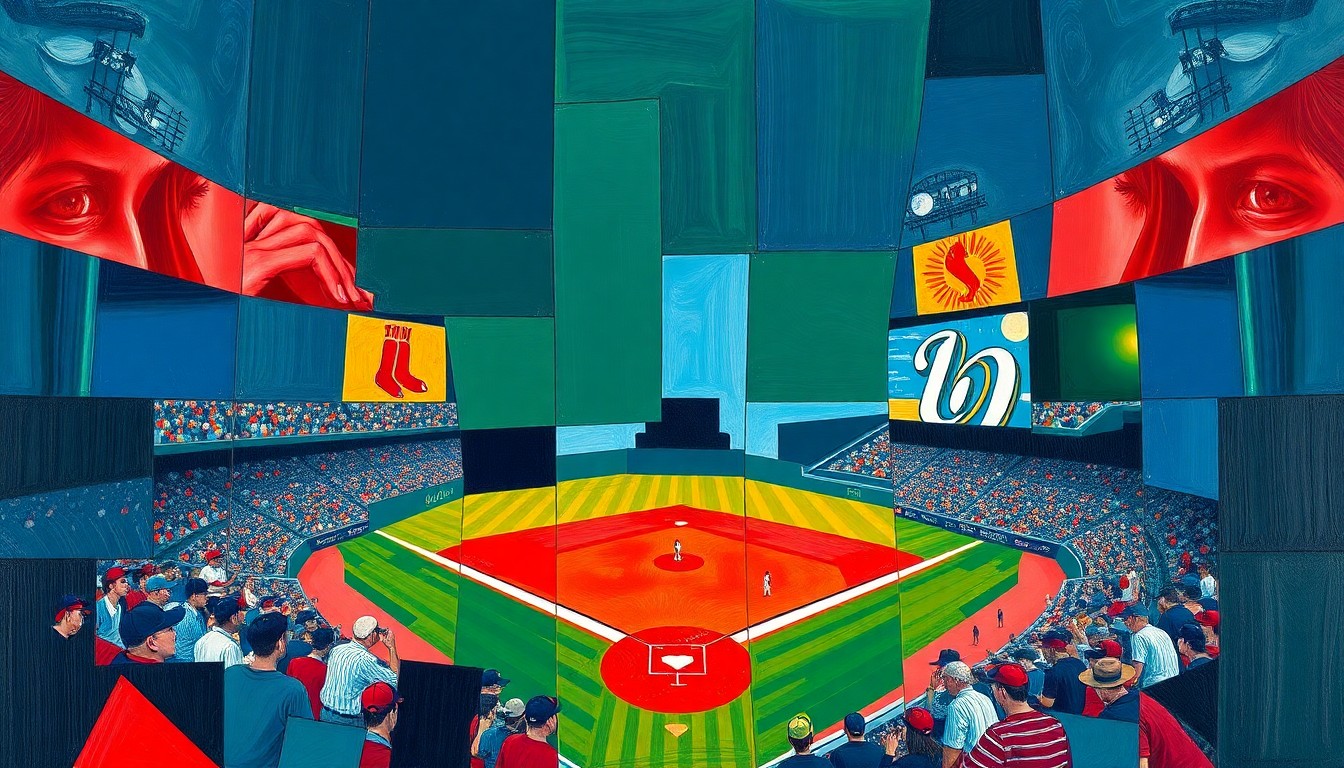 A fragmented, geometric painting depicting a baseball game in progress, with overlapping planes of navy, crimson, and green representing the competing teams and players.
