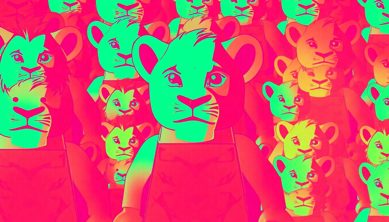 A brightly colored, high-contrast silkscreen-style illustration of a LEGO Simba minifigure repeated in a grid pattern, capturing the playful and vibrant energy of the Sip & Build events at Exploration Place.