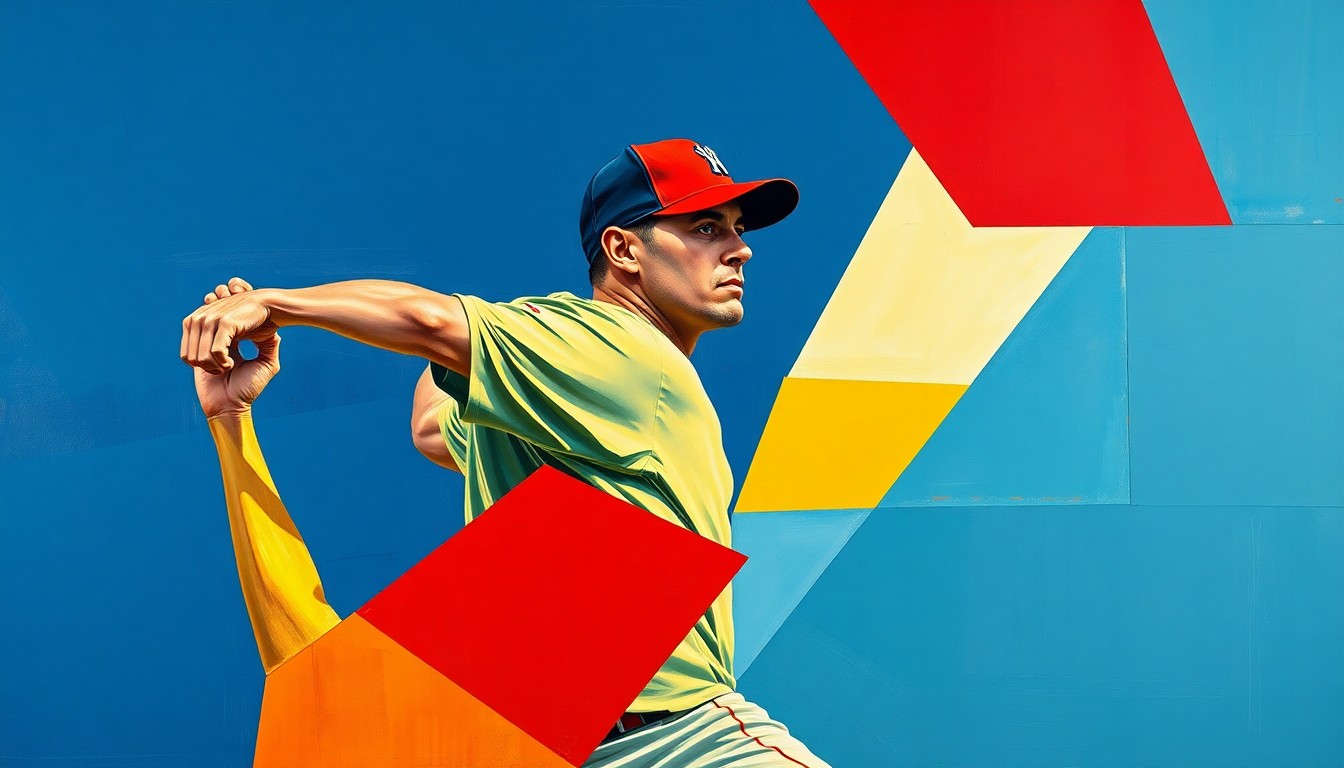 A cubist, geometric painting depicting the fractured motion of a baseball pitcher's windup and delivery, with sharp planes of navy, crimson, and gold overlapping to create a dynamic, abstract representation of the sport.