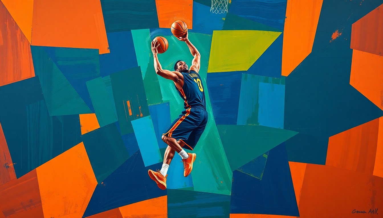 A fragmented, geometric painting depicting a basketball player in motion, with sharp, overlapping shapes and vibrant colors that convey the sport's raw athleticism.