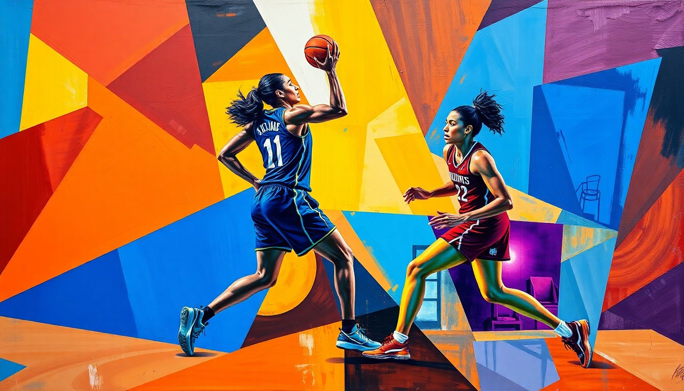 A fractured, cubist-style painting depicting the dynamic movements and energy of a WNBA basketball game, with the players' forms broken down into abstract geometric shapes and planes of vibrant colors.