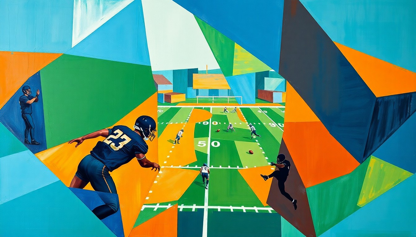A cubist, geometric painting depicting fragmented and overlapping shapes in shades of blue, green, and orange, conceptually representing the changes to the Giants' roster.