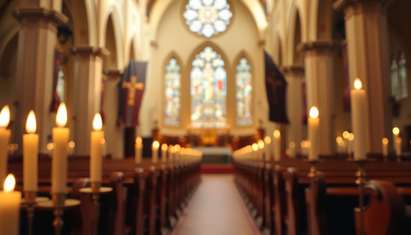 An abstract, impressionistic photograph in soft, warm tones depicting the interior of a Catholic church, with blurred candles, pews, and stained glass windows, conveying a sense of quiet reverence.