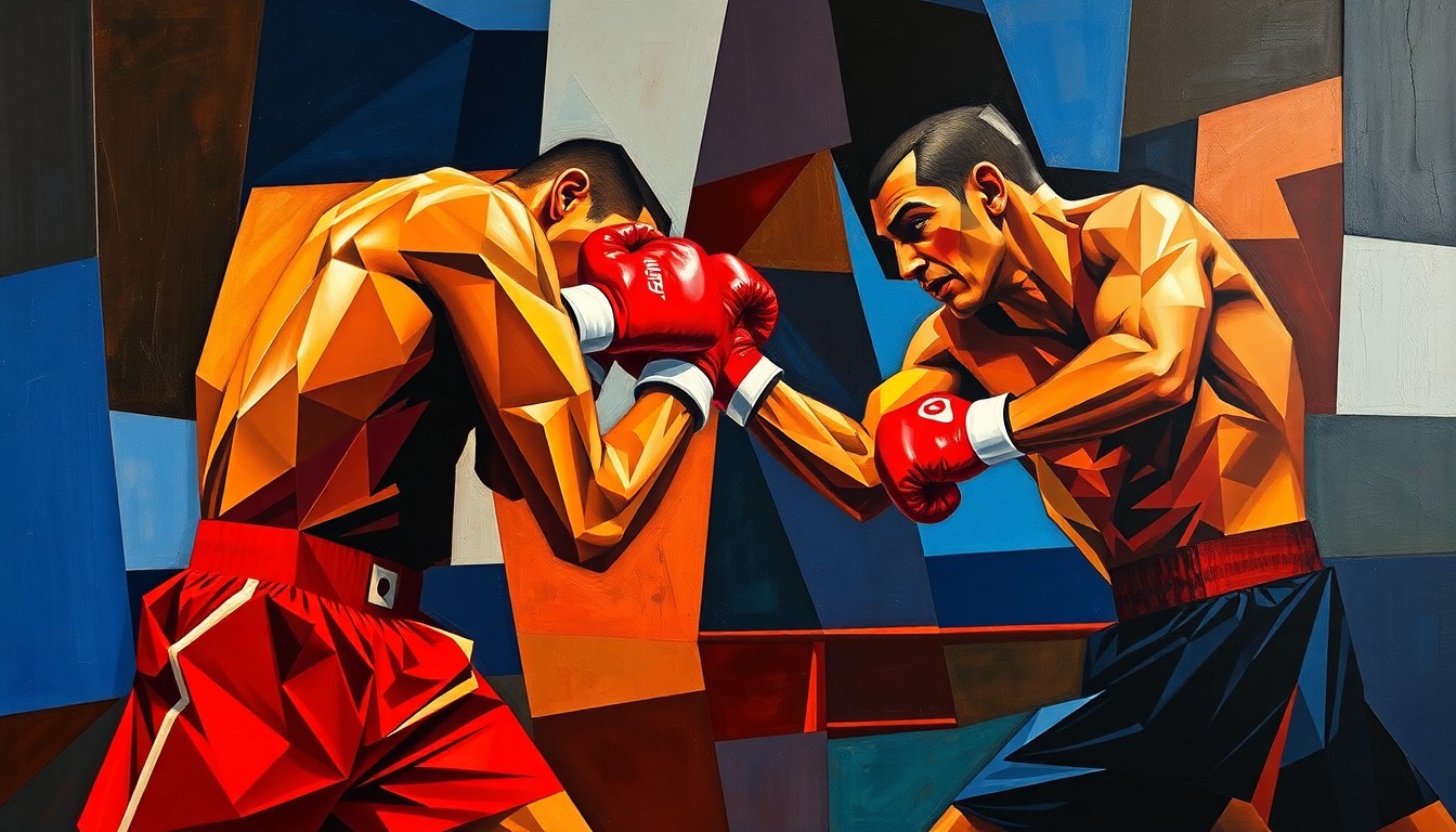 A fragmented, geometric painting depicting a boxer's movements and actions, rendered in a cubist style with bold colors and sharp, overlapping planes.