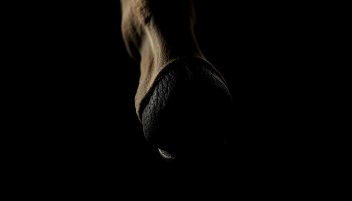 An extreme close-up of a wild burro hoof, the harsh lighting and dark background creating a stark, gritty aesthetic that conceptually represents the violence of the attack.