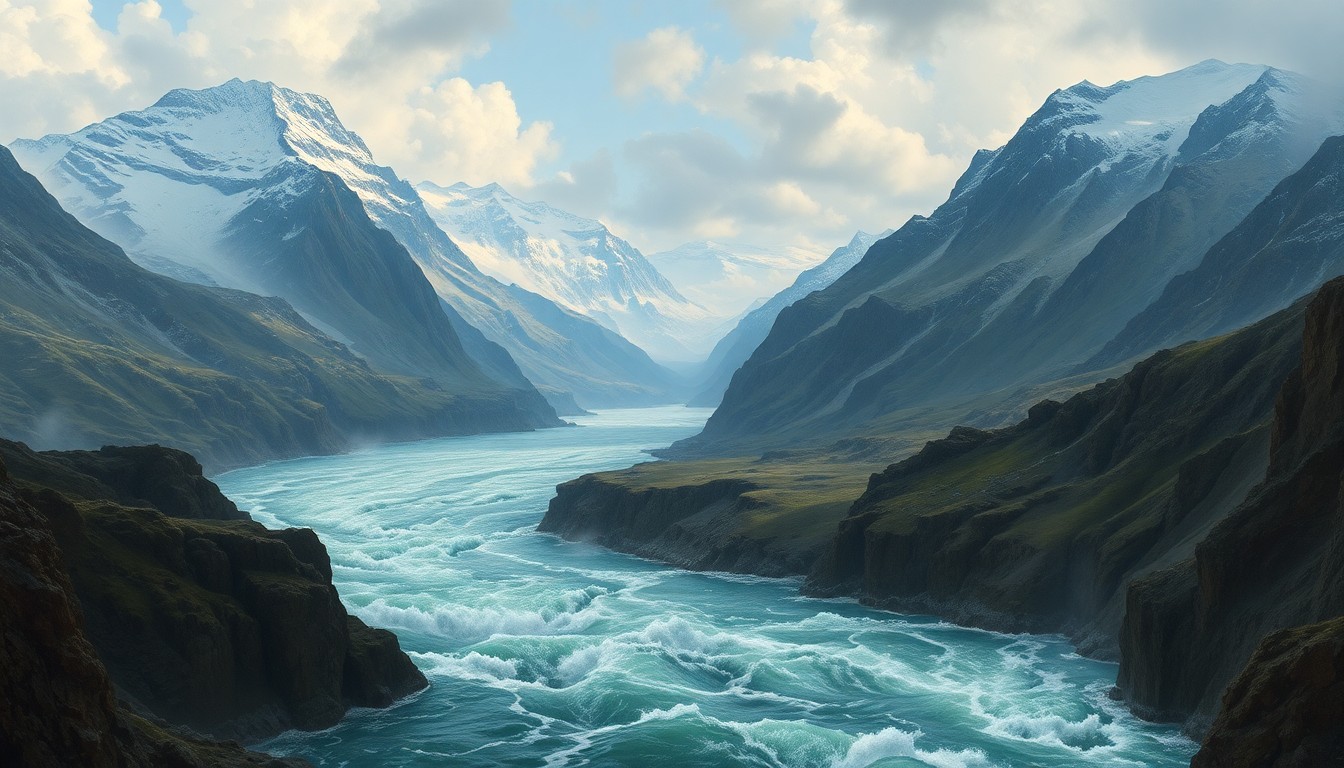 A vast, atmospheric landscape painting depicting a turbulent, fast-flowing river surrounded by rugged, snow-capped mountains, conveying the overwhelming power and scale of the natural environment.
