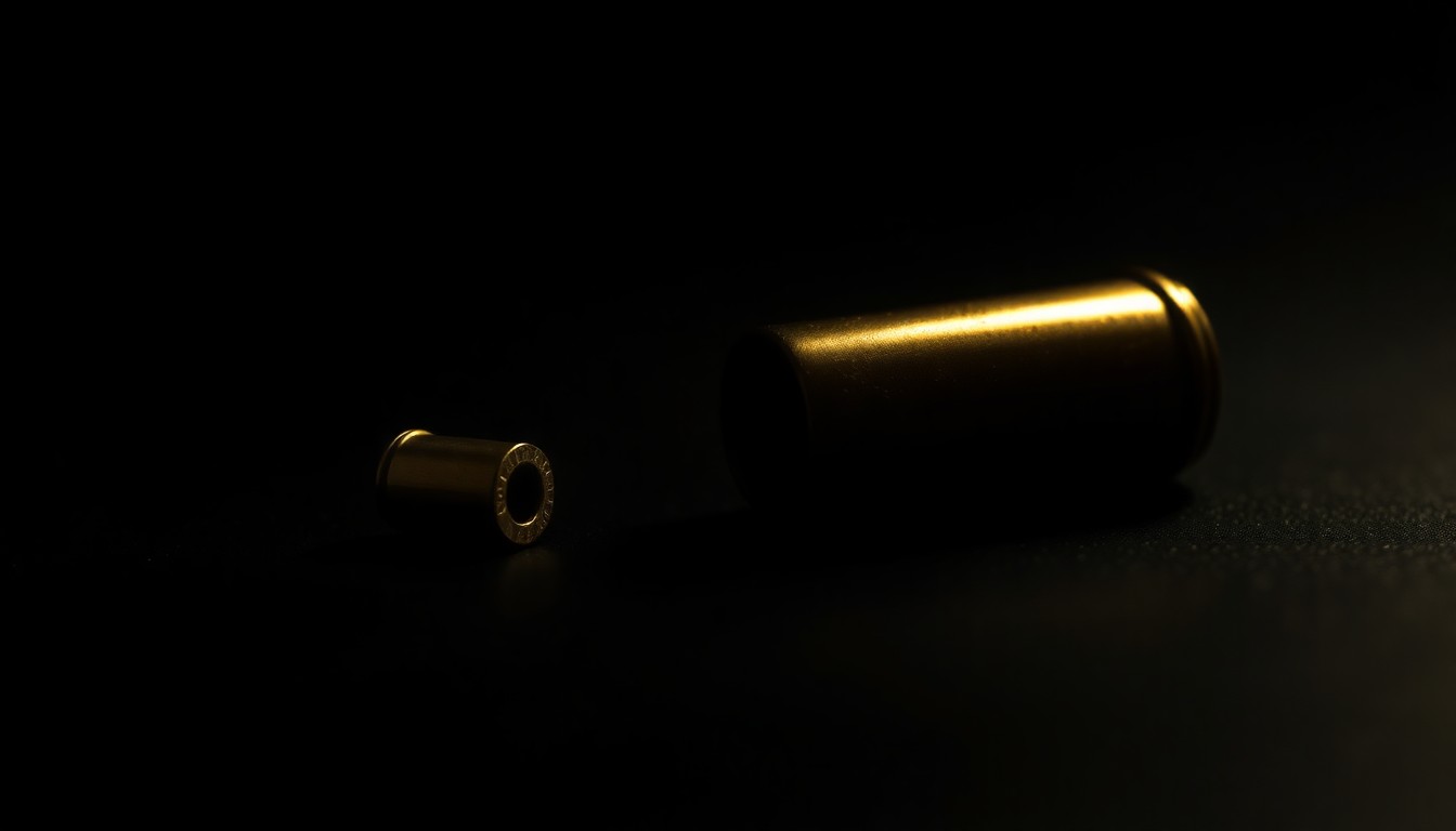 An extreme close-up photograph of a single spent bullet casing on a dark surface, lit by a harsh camera flash, conceptually representing the evidence of a violent crime.