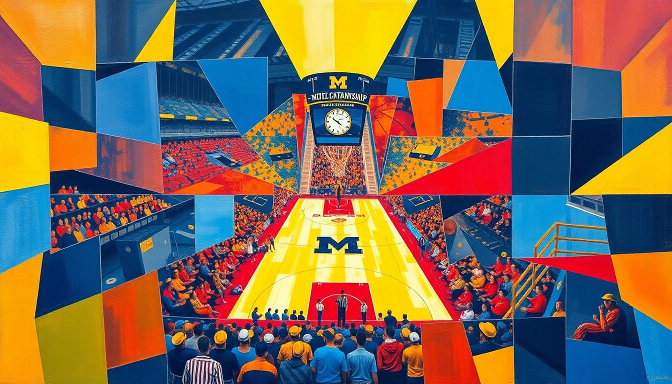 A fragmented, cubist-style painting depicting the frenetic energy of a college basketball championship game, with sharp geometric shapes in the school colors of maize and blue representing the players, fans, and atmosphere of the highly anticipated matchup.