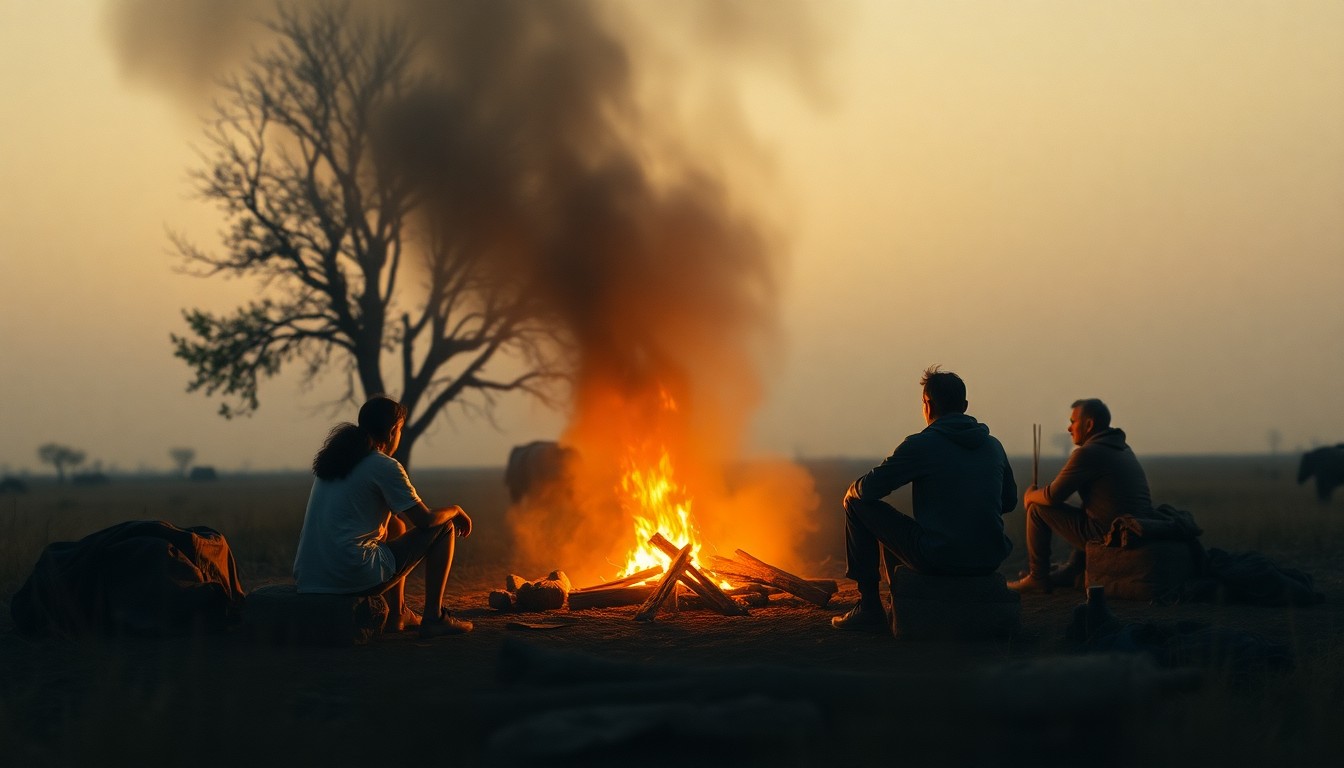 An abstract, out-of-focus photograph in warm, hazy tones depicting a group of people sitting around a campfire in a rural, off-grid setting, conveying a sense of isolation and precariousness.