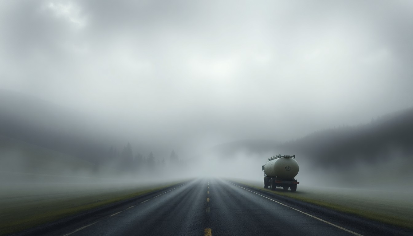 A vast, atmospheric landscape painting in muted tones of gray and blue, depicting a winding country road shrouded in a heavy fog that dwarfs a small overturned vehicle in the distance, conveying the overwhelming power of nature.
