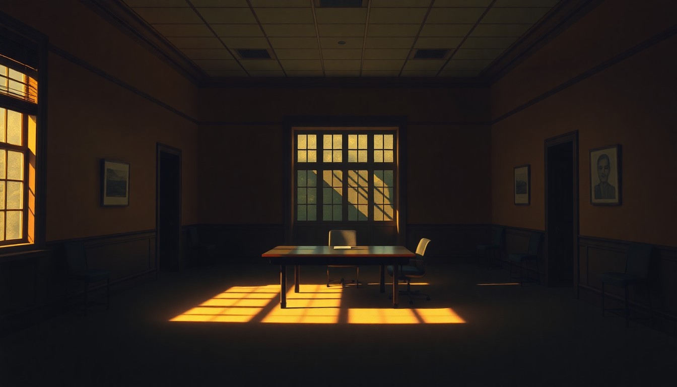 A dimly lit, cinematic painting of an empty government office or meeting room, with warm sunlight streaming in through the windows and deep shadows cast across the room, conveying a sense of quiet contemplation and investigation into the connections between powerful figures and the late Jeffrey Epstein.