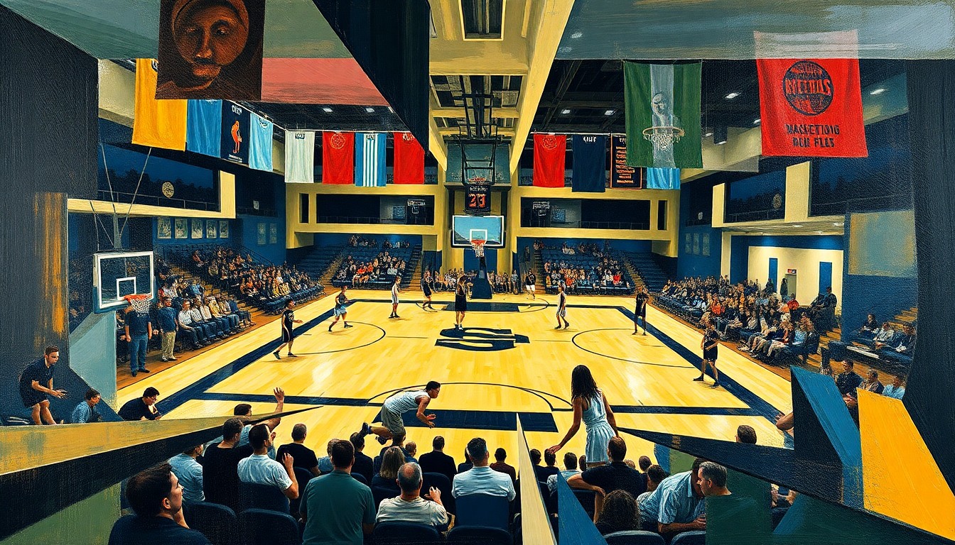 A cubist-style painting depicting fragmented, overlapping geometric shapes and planes representing the various elements of a college basketball game or practice, conveying the strategic and analytical nature of McNamara's roster-building process.