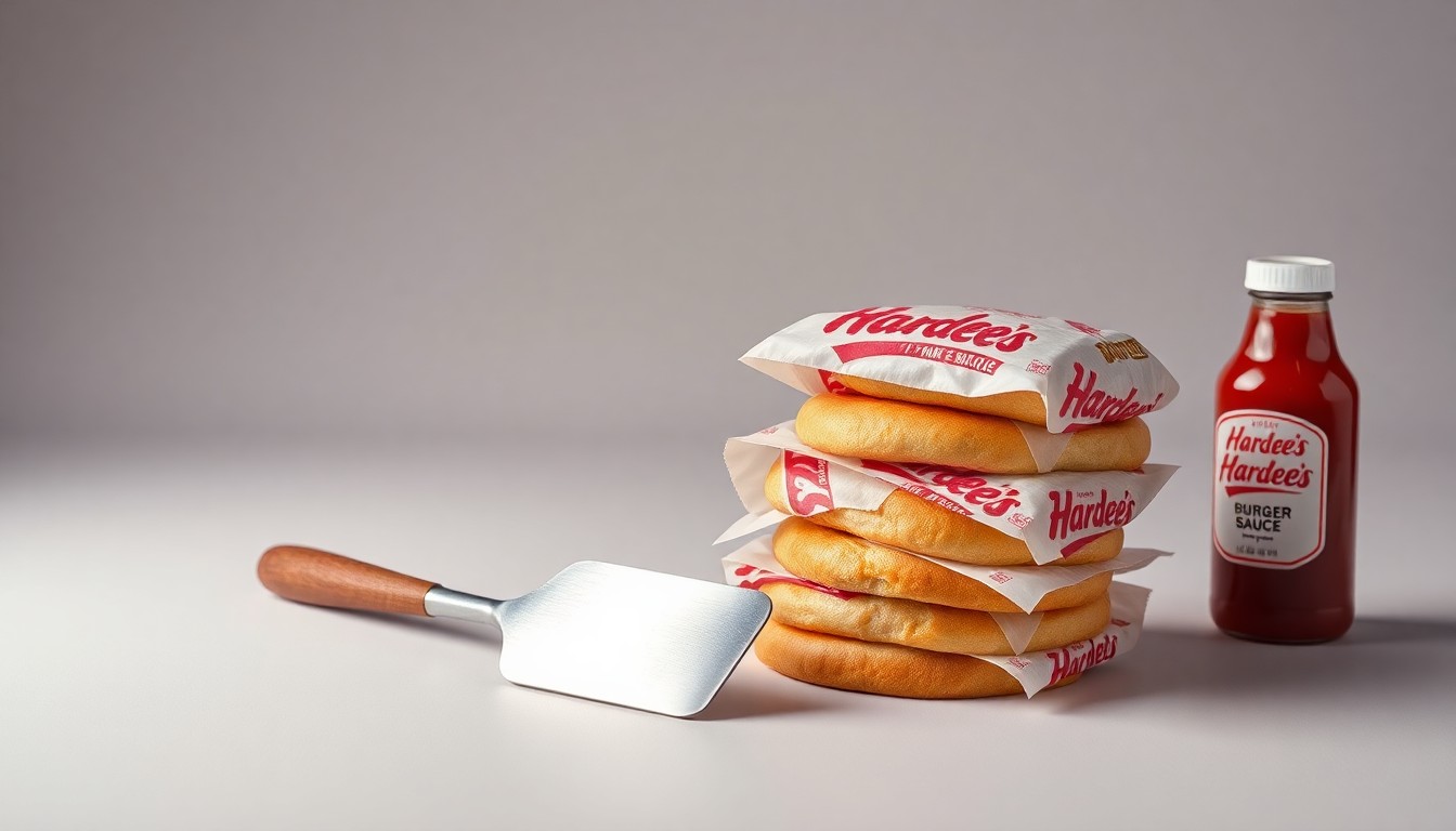 A minimalist, photorealistic studio still life featuring a stack of freshly wrapped hamburger buns, a metal spatula, and a bottle of sauce, symbolizing the reopening of a Hardee's restaurant in Topeka.