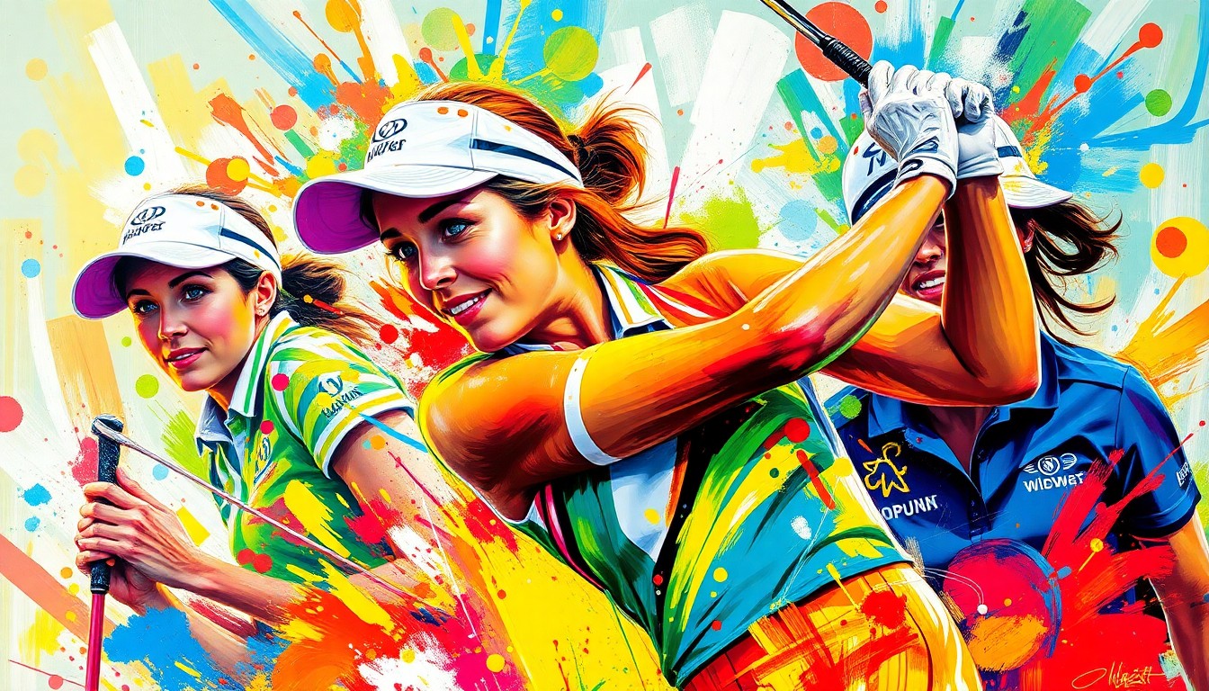 An abstract, expressionist painting featuring bold, neon-colored brushstrokes that capture the dynamic motion and energy of a women's golf tournament, with faces and logos blending into the vibrant, textured composition.