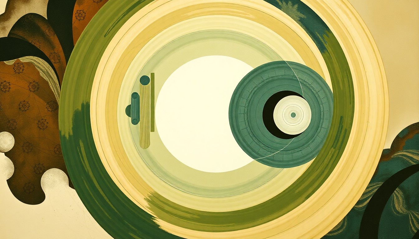 A bold, abstract painting in the style of Hilma af Klint, featuring sweeping geometric arcs, concentric circles, and precise botanical spirals in earthy tones of green, brown, and blue, representing the complex scientific concepts and forces behind the Artemis II moon mission.