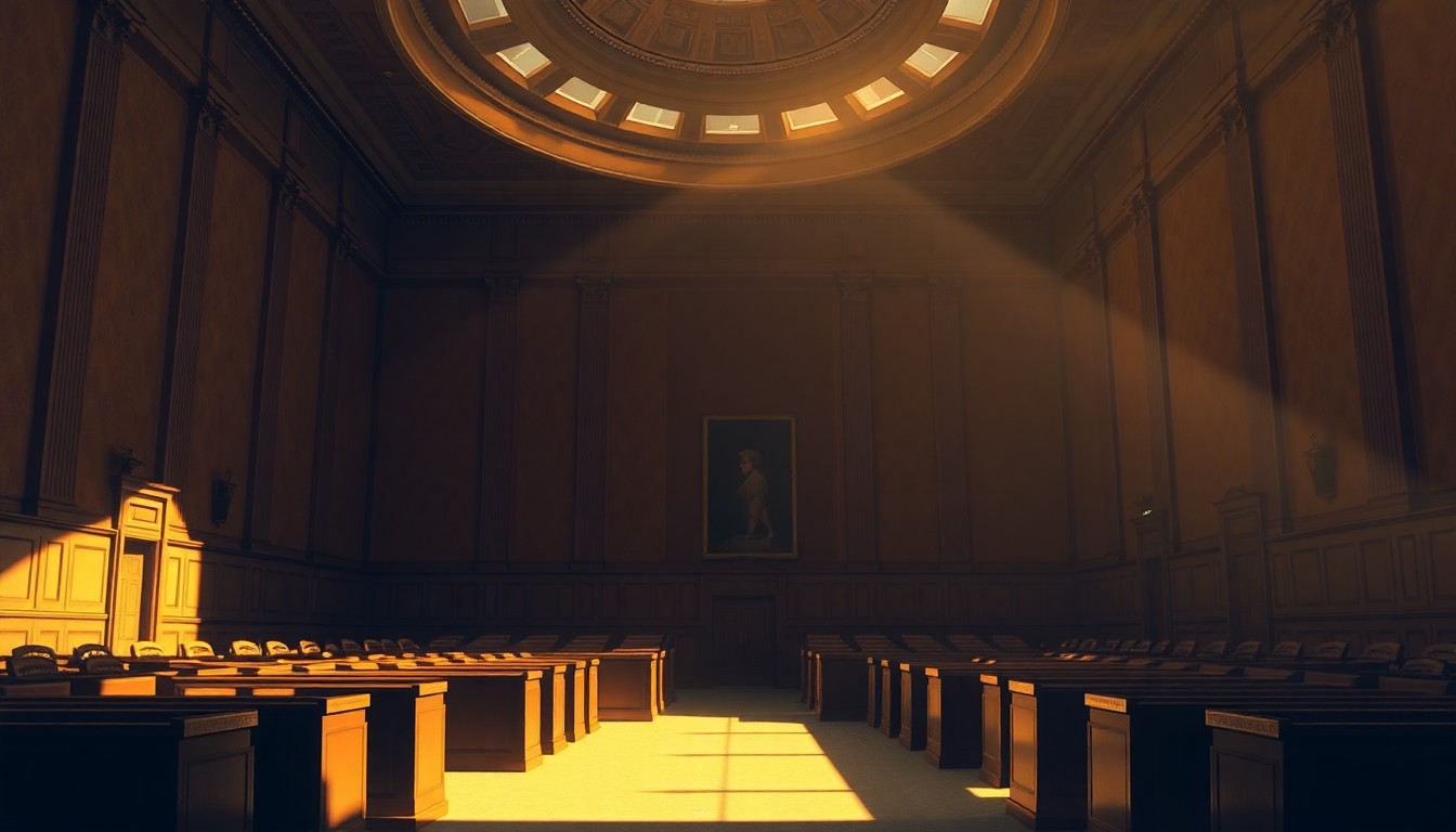 A dimly lit, cinematic government office space with warm sunlight streaming through the windows, casting long shadows across the empty desks and chairs, conveying a sense of political transition and uncertainty.