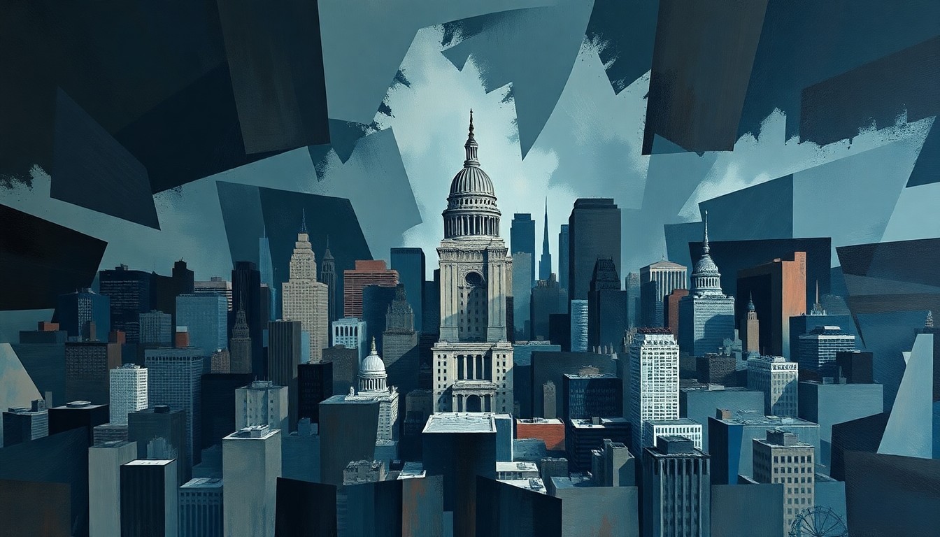 A dynamic, abstract painting of a city skyline with a large government building at the center, the image repeating and overlapping in geometric waves of dark blues, grays, and muted reds to create a sense of motion and tension, conceptually representing the legal and political tensions surrounding campaign finance rules.