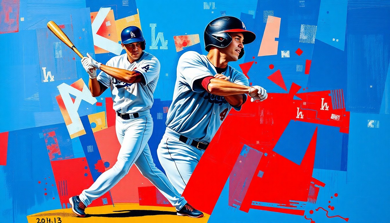 A cubist, geometric painting depicting a baseball player's batting stance and swing, with sharp, overlapping planes in shades of blue, red, and white, capturing the dynamic energy of the sport.