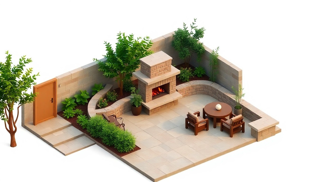 A miniature, stylized 3D illustration of an outdoor living space with a stone patio, garden wall, and fireplace surrounded by lush greenery, conceptually representing the high-quality custom stonework Stonecap Masonry provides to homeowners in the Monterey Peninsula region.