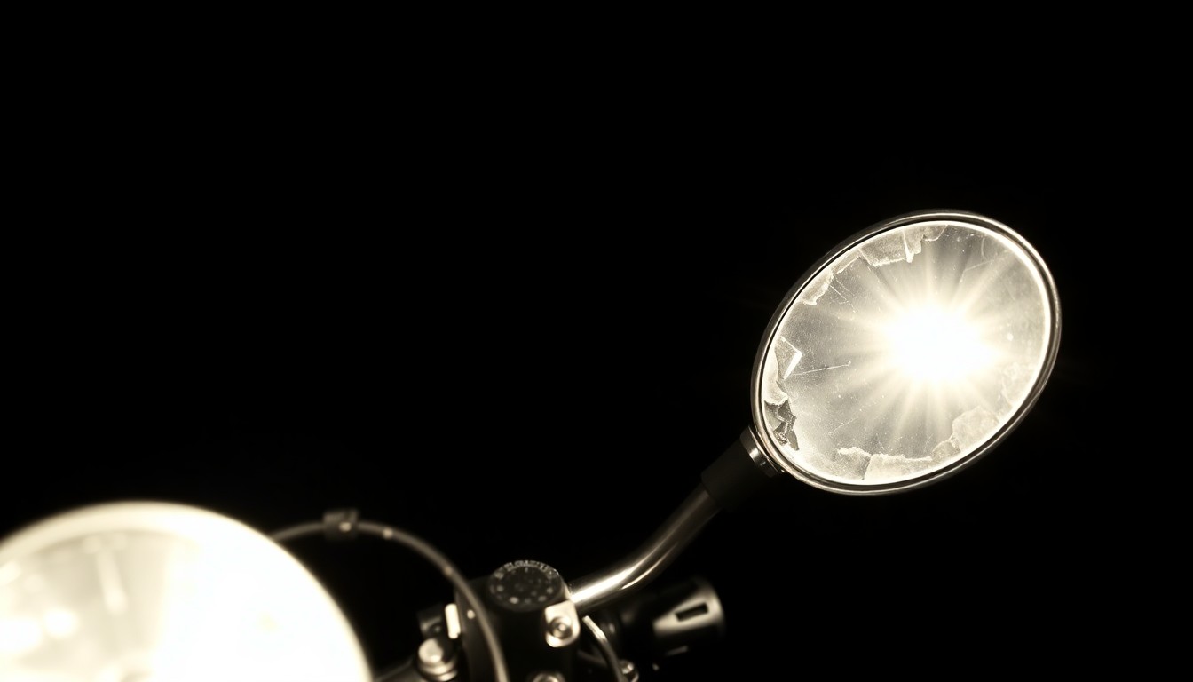 An extreme close-up photograph of a damaged motorcycle part, such as a broken mirror or twisted handgrip, lit by a harsh, direct camera flash against a pitch-black background, conceptually illustrating the aftermath of a police motorcycle collision.
