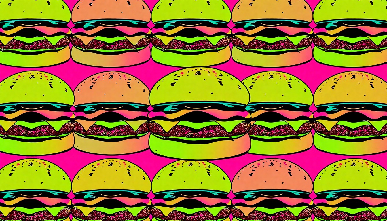 A high-contrast, silkscreen-style illustration of a single, recognizable burger from Majors Restaurant, repeated in a grid pattern using vibrant neon colors and heavy black outlines, conceptually representing the restaurant's popular menu items.