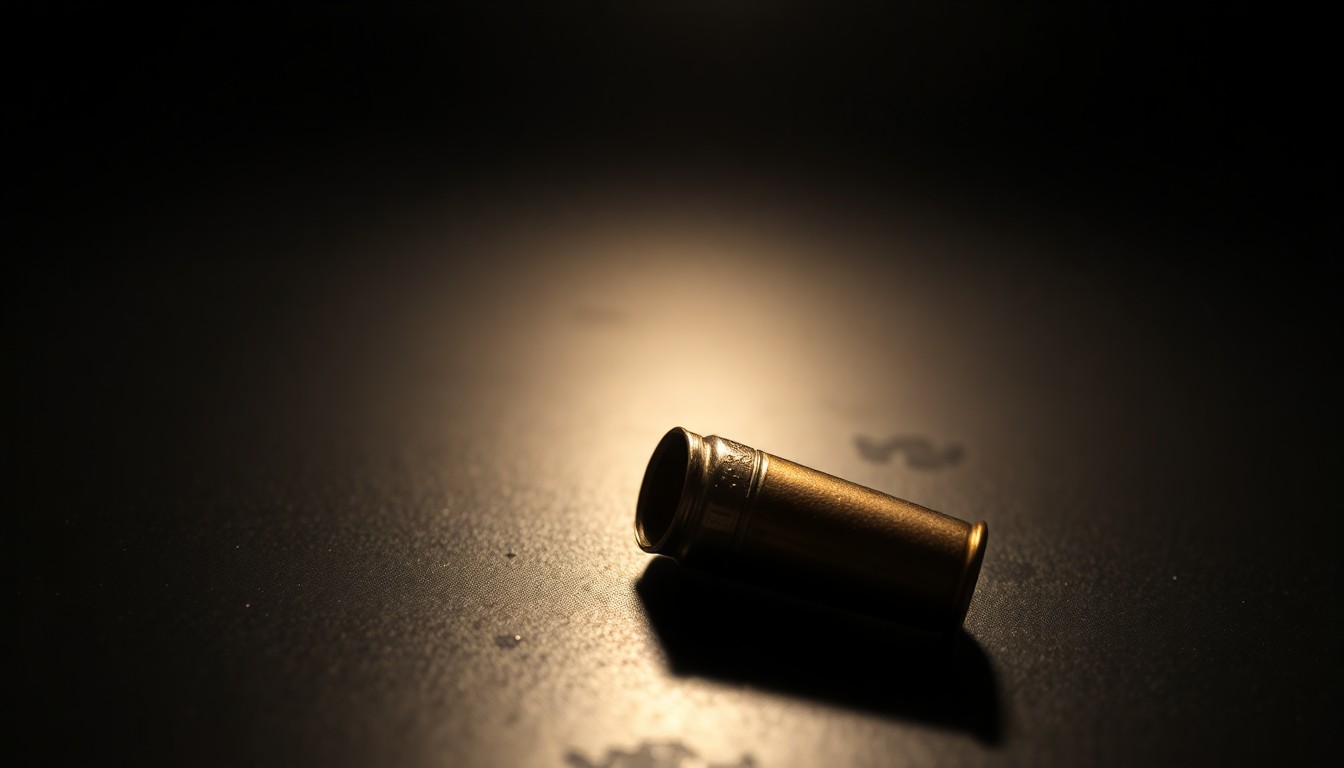 An extreme close-up photograph of a single spent shell casing on a dark surface, lit by a harsh camera flash to create a stark, gritty visual that conceptually represents the aftermath of a violent crime.