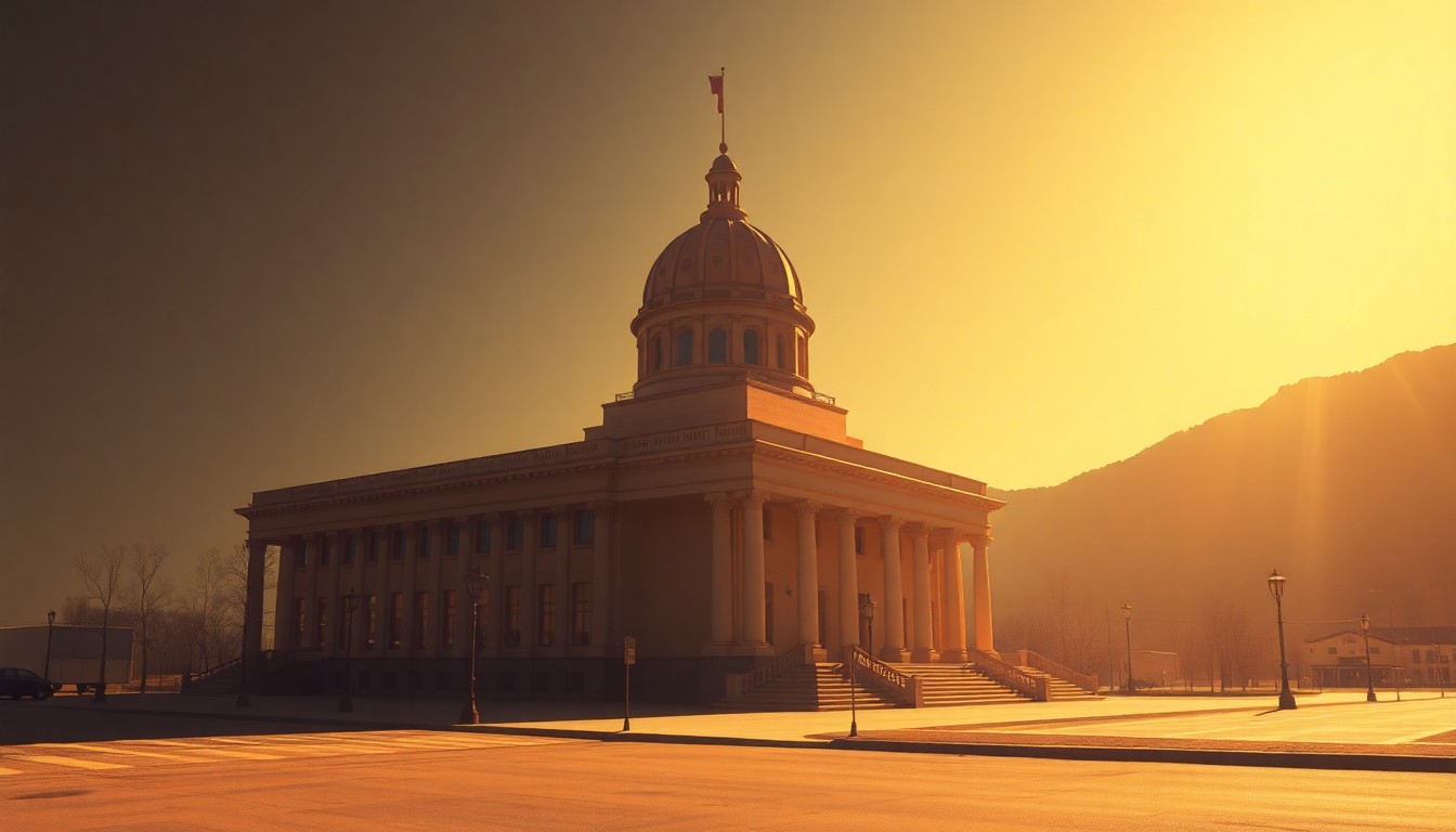 A serene, photorealistic painting of a Nevada state capitol building in warm, golden light, conveying a sense of political tension and uncertainty.