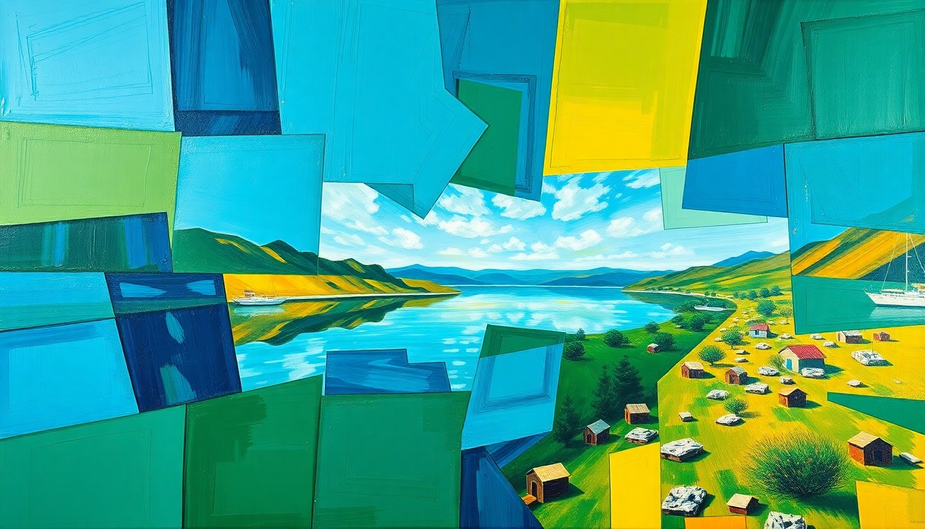 A fragmented, geometric painting depicting a fishing scene at San Luis Reservoir, with overlapping planes of deep blue water, emerald green shoreline, and golden yellow sunlight, capturing the dynamic and unpredictable nature of the sport.