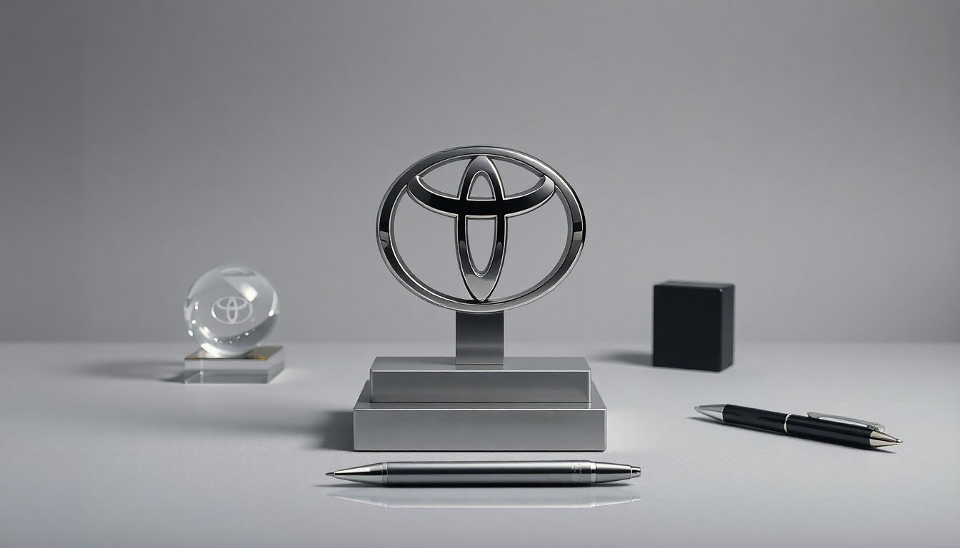 A high-end, photorealistic studio still-life photograph featuring a polished metal Toyota Financial Services logo sculpture surrounded by other premium corporate objects, all arranged elegantly on a clean, monochromatic grey background with dramatic studio lighting, conceptually representing the leadership transition at the company.