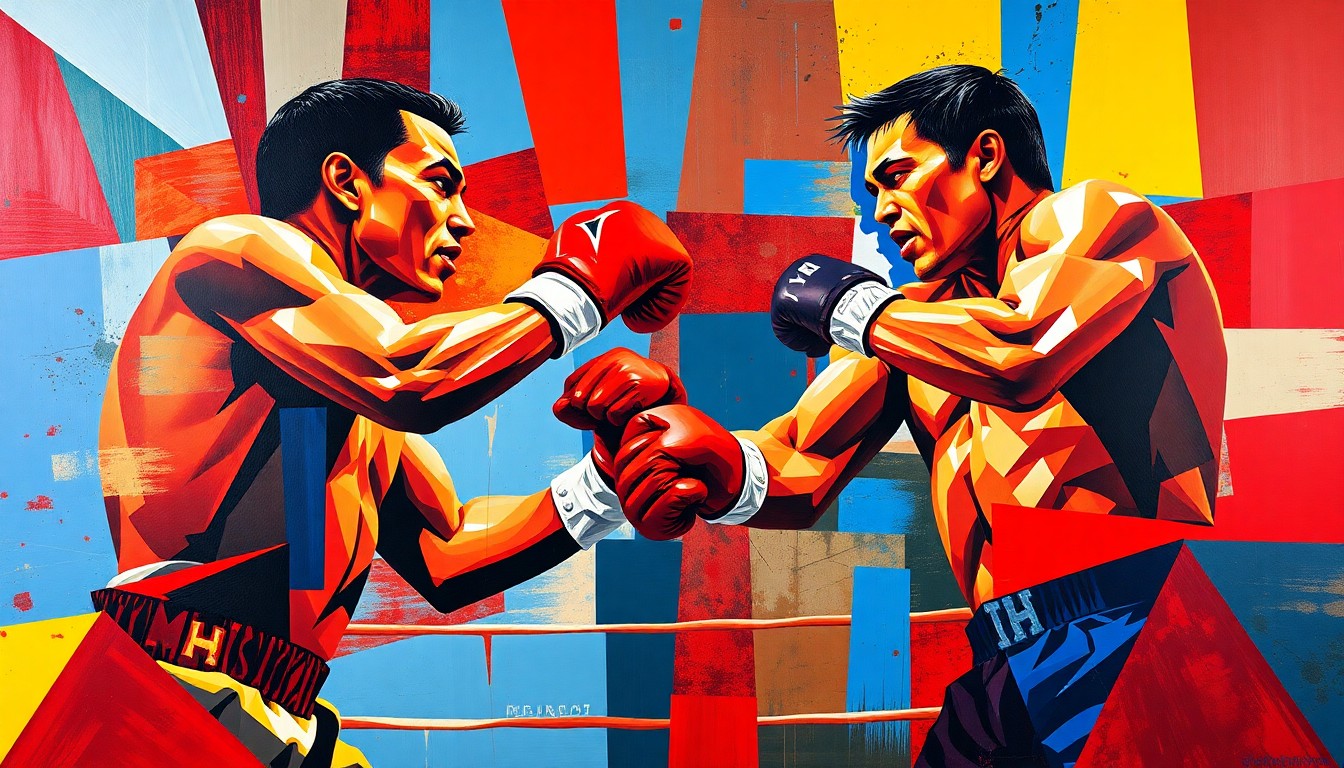 A fragmented, geometric painting depicting a boxing match, with the figures of the two fighters broken down into sharp, overlapping planes of color, conveying the intensity and movement of the fight.