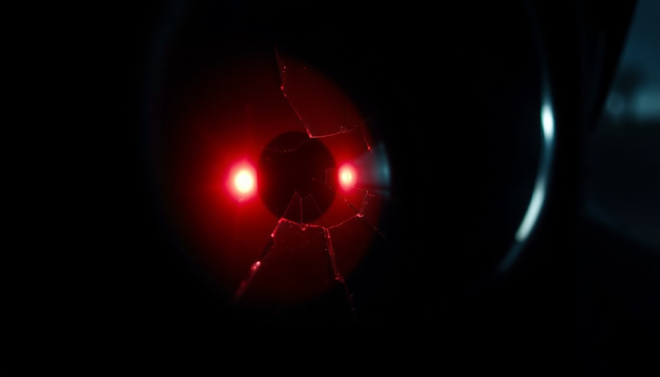 An extreme close-up of a shattered car sensor lens reflecting a faint red light, conceptually representing the violence and betrayal that led to the murder of Jennifer Brown.