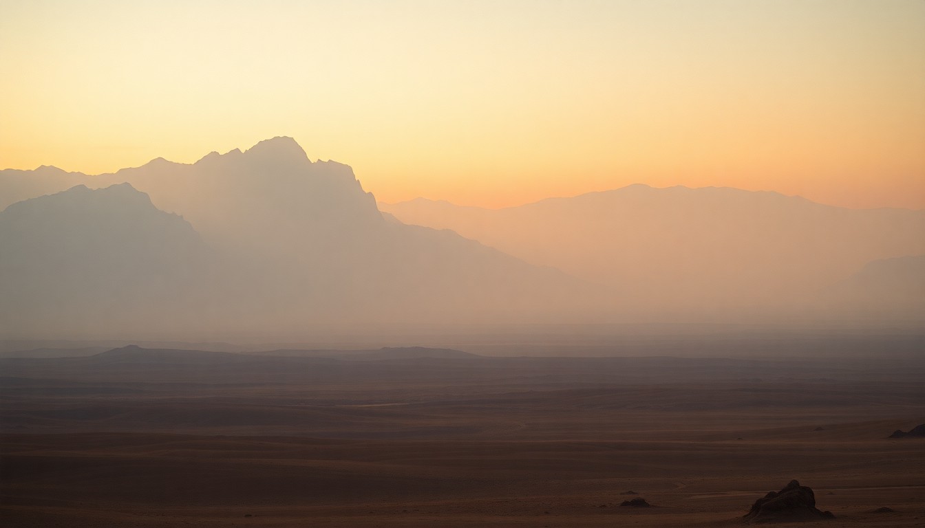 A sweeping, atmospheric landscape painting in muted earth tones, with distant mountains and a hazy, tranquil desert scene, conveying the sublime power of the natural world.