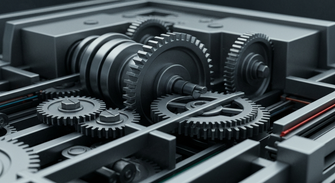 An extreme close-up of the complex inner workings of a banking machine, its gears and mechanisms rendered in high detail, conceptually representing the secure infrastructure behind the new government-backed Trump Accounts savings program.