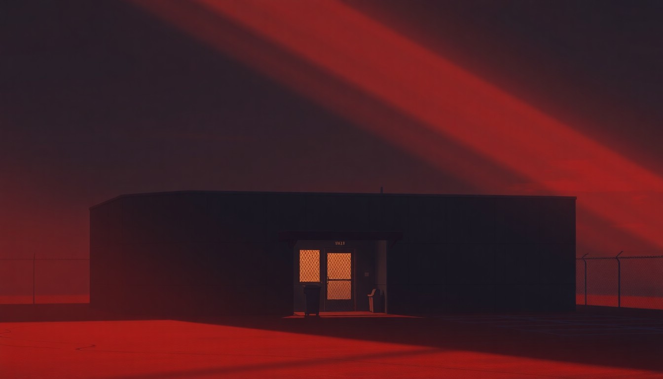 A cinematic painting of a lone immigration detention center building, its facade bathed in warm light and deep shadows, conveying a sense of isolation and melancholy.