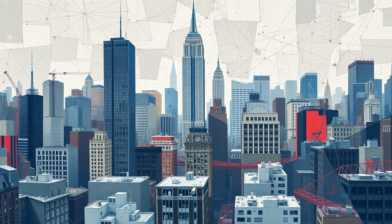A dynamic, abstract painting of New York City's skyline and infrastructure, with overlapping geometric shapes and fractured lines in shades of gray, blue, and red, conveying the complex, fast-paced nature of urban politics and policy.