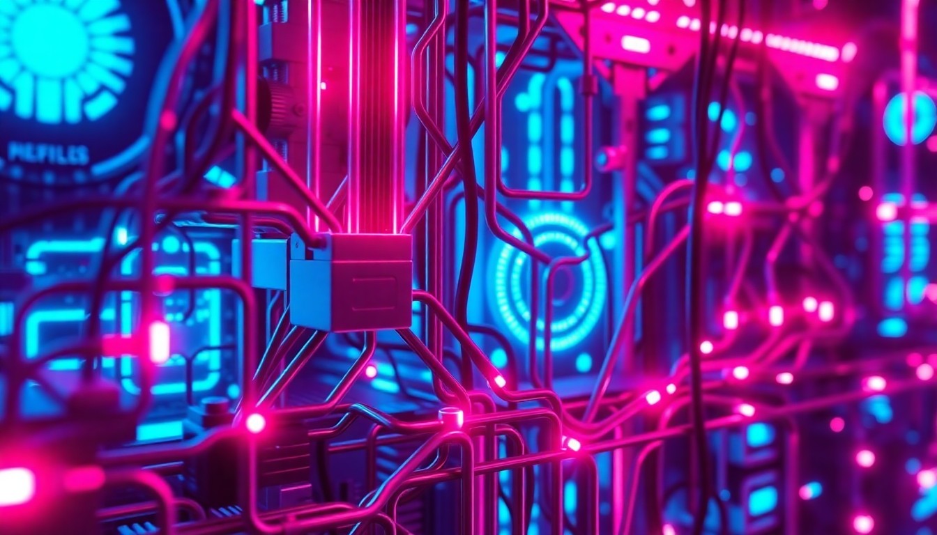 A highly detailed, glowing 3D macro illustration of a complex AI neural network infrastructure, with neon cyan and magenta lights illuminating the intricate cybernetic hardware, conveying the power and complexity of advanced AI systems.