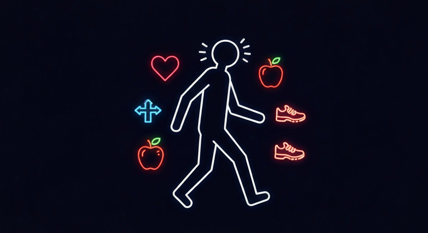 A glowing neon outline of a person walking, surrounded by smaller neon icons representing healthy habits, rendered in a simple, energetic style against a dark background.